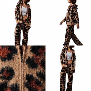 Women's Leopard Print Knit <b>Sweater</b> <b>Set</b> Hooded Relaxed Fit Casual Full Length Pants Anti-Pilling Thick Material Winter Wear - Product Image 6