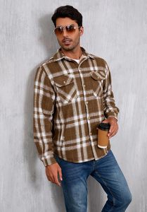 Unisex Casual Cotton <b>Sherpa</b> <b>Lined</b> Plaid Flannel Canvas Jacket Shirt Winter Outdoor Soft Crocheted Yarn Dyed Anti-Pilling Stand - Product Image 3