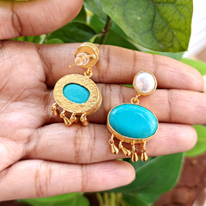Handcrafted turquoise pearl chandelier <b>earring</b> 18k gold plated brass metal bezel set dangle pushback artisan fashion ear jewelry - Product Image 4