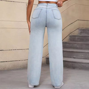 Jeans de mezclilla de cintura media, sencillos, tejidos, lavados, de pierna ancha, desgastados, de ajuste holgado, de largo completo, 100% algodón, casuales de verano para mujer - Product Image 3
