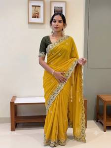 Women Olive <b>Green</b> Pure star Georgette <b>silk</b> Saree with Sequence and zari Embroidery Saree and Lace Border Elegant Ethnic Wear - Product Image 3