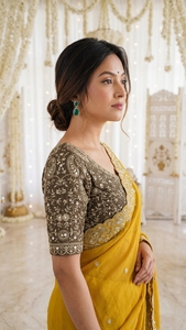 AARA Fashion Sari en soie jaune brodé avec chemisier vert olive, tenue de mariage indienne traditionnelle pour femme, longueur au sol, coupe classique, Sun - Product Image 5
