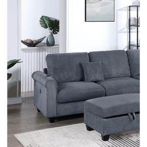 Set Divano Sezionale Contemporaneo in Velluto a Coste Grigio Scuro 3 Pezzi con Chaise Longue e Pouf per Soggiorno - Product Image 3
