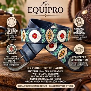 Ceinture en cuir de vachette brodée style bohème Equipro, motif rayé, boucle en alliage à cadre carré, style décontracté, ceinture polo robuste, largeur 3,5 cm - Product Image 4