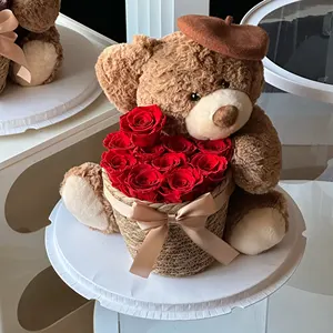 День рождения День Святого Валентина креативный подарок настоящий натуральный вечно высушенный бессмертный цветок Сохраненная Роза вечный цветок Роза медведь коробка