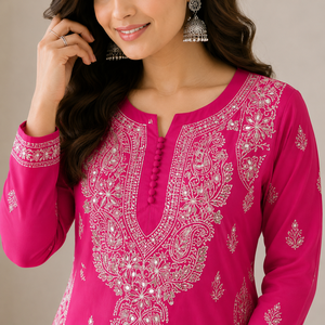<b>Women</b>’s Pink Floral Embroidered Kurti, Long Sleeve Straight Fit Ethnic Indian <b>Kurta</b>, Traditional Casual & Festive Wear - Product Image 2