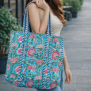 Large <b>Boho</b> Quilted Cotton Shoulder Tote <b>Bag</b> for Women Washable Block Print Luggage Tote on Sale for Grocery Shopping - Product Image 1