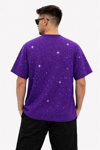 Camiseta Morada con Pedrería para Hombre, 100% Algodón, Estilo Casual Urbano, Camiseta Oversize de Verano con Estampado Gráfico, Estilo Hip Hop - Product Image 4