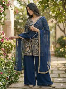 Designer Embroidery Sequence Work Party Wear Faux Georgette <b>Top</b> With Plazzo And Faux Georgette Dupatta Readymade Set - Product Image 3