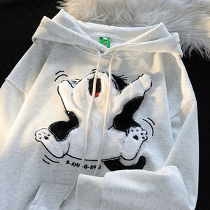Sweat-shirt à capuche épais et ample avec poche kangourou, motif chat de dessin animé brodé et patchwork, style streetwear polyvalent - Product Image 4