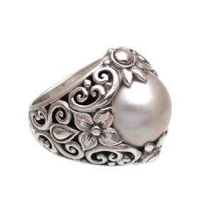 Anillo de Cóctel de Plata de Ley 925 con Perla Mabe, Diseño de Loto, Joyería Unisex Hecha a Mano - Product Image 2