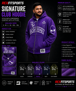 REXFITSPORTS 2026 Sweat à capuche zippé personnalisé violet avec motif, unisexe, en coton et polyester molletonné, style streetwear, fermeture éclair intégrale, marque privée - Product Image 1
