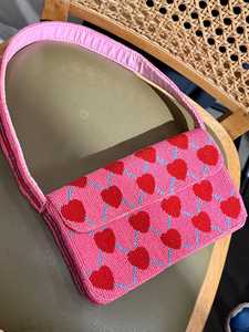 Handmade Polyester Embroidery <b>Pink</b> Rectangular Handbag with Red Hearts Blue Lattice Washable for Valentine'S Day - Product Image 3