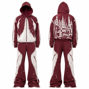 Conjunto de chándal unisex con capucha, color granate y blanco, con cremallera completa frontal y trasera, estampado de castillo, estilo urbano, corte regular, ropa de invierno, lavado ácido. - Product Image 1