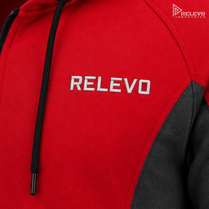 Sweat-shirt à capuche zippé pour homme avec logo personnalisé, en molleton épais, coloris rouge et noir, poches latérales zippées. - Product Image 4