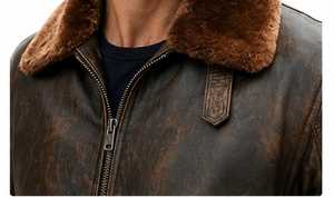 <b>Men's</b> Genuine <b>Leather</b> Bomber <b>Jacket</b> With <b>Faux</b> Fur Lining Zipper Closure - Product Image 2