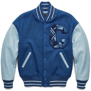 Men's Blue Varsity Jacket With Embroidered C Logo Preppy Style Wool Polyester Blend Turn-down Collar Regular Fit - Product Image 1