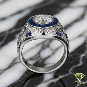 Anillo de Hombre con Diamante Moissanite Redondo Plateado y Baguette Azul, Anillo de Estilo Art Deco Vintage, Anillo de Lujo para Boda, Regalo - Product Image 2