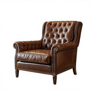 Fauteuil classique capitonné en cuir véritable avec garniture cloutée, pieds en bois massif, chaise d'appoint de luxe pour salon, hôtel, salle de séjour - Product Image 2