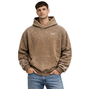 เสื้อฮู้ดดี้ผู้ชายผ้าฝ้ายฟลีซลายกราฟิกประดับเพชรแบบ Acid Wash ทรงโอเวอร์ไซส์ สไตล์สตรีทแวร์ ผลิตจำนวนมาก - Product Image 5