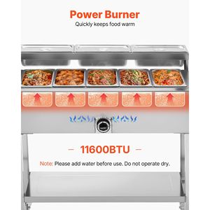 Table de maintien au chaud commerciale au propane, 5 compartiments alimentaires, 3 compartiments à condiments, chauffe-soupe extérieur au gaz GPL, vanne de vidange 3', équipement de maintien au chaud 3' - Product Image 4