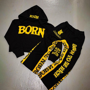 Ensemble de survêtement unisexe en coton respirant noir à capuche avec imprimé jaune intense, style Hip Hop, streetwear décontracté deux pièces grande taille - Product Image 1