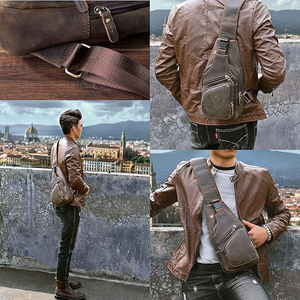 Sac bandoulière vintage en cuir véritable avec sangle arquée détachable, pochette de chasse unisexe, fermeture éclair - Product Image 5