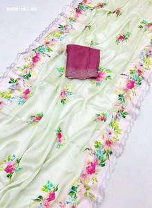 Beautiful Top Quality Satin Georgette with Floral Digital Print & Swarovski Cut-work Border <b>Saree</b>-<b>Blouse</b> Woman Fashion - Product Image 2