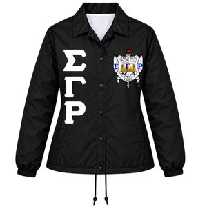 Black White Greek Letter Embroidered Coach <b>Jacket</b> Custom Crest Logo Button Up Windbreaker with White Applique Design Ribbed Cuff - Product Image 1