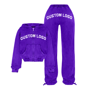 Custom Manufacturer Oversized French Terry Acid Wash Distressed Embroidered <b>Zip</b> <b>up</b> <b>Cropped</b> Hoodie Women Two Piece Tracksuit Set - Product Image 5