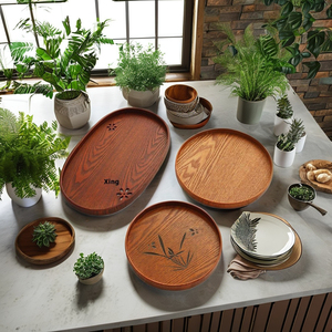 Plateau à thé japonais en bois fait main, durable, style traditionnel, décoration d'intérieur, fête, portable, assiettes jetables à motif végétal - Product Image 4