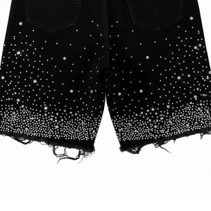 Shorts en jean décontractés pour hommes, 100 % coton, couleur unie, délavés, ornés de strass, logo personnalisé, coupe ample, taille élastique - Product Image 6