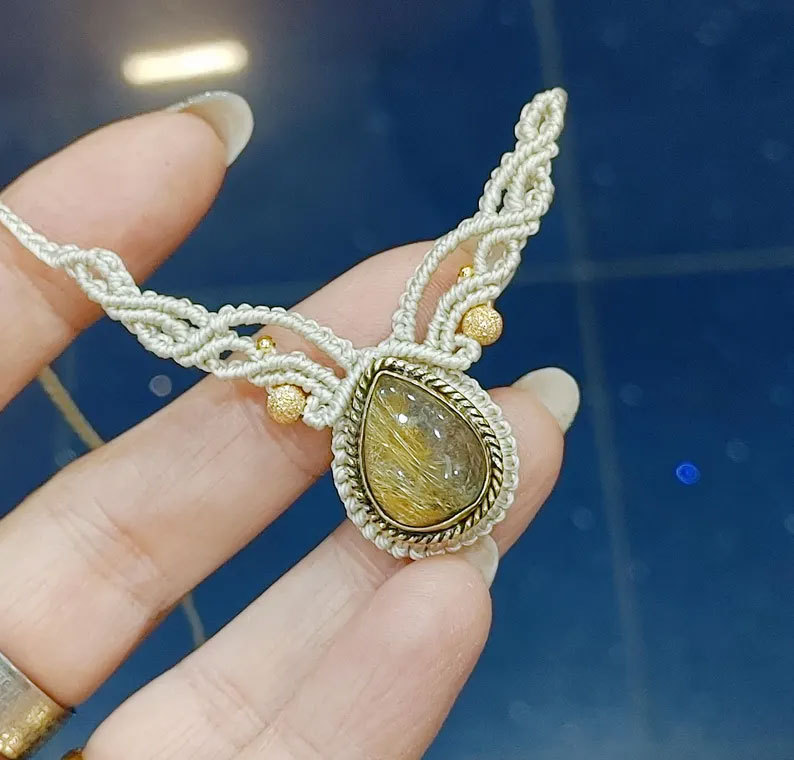 Golden Rutilated Quartz Macrame Pendant Cream
