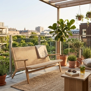 Banc d'appoint deux places en rotin tressé et bois massif, structure en teck naturel, canapé moderne pour salon - Product Image 6