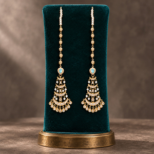 Pendientes de cadena larga chapados en oro con piedra azul aguamarina y perlas de imitación, joyería nupcial pakistaní, venta al por mayor de fábrica. - Product Image 2
