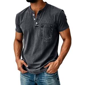 T-shirt pour homme en coton 100% lavé, fabriqué par OEM, col Henley, manches courtes, décontracté, effet délavé, vintage, coupe ample, été - Product Image 6