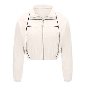 Ensemble de survêtement sportif deux pièces blanc pour femme avec fermeture éclair et bordure noire, short et veste amples, tenue décontractée printemps-été - Product Image 6