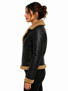 Customizable <b>Women's</b> Sheep Skin Leather Bomber <b>Jacket</b> with Fur Trim Zipper Closure Winter Warm Coat Cotton Lining - Product Image 3