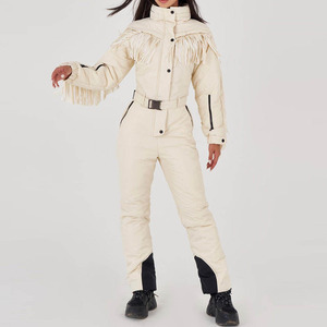 Custom Women Cream Beige One Piece Ski Suit With <b>Fringe</b> Tassel Details Belted Waist Snowsuit Women Slim Fit Jumpsuit Winter - Product Image 1