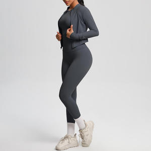 High Quality Custom Logo Women's 2-Piece Gym <b>Yoga</b> Sports Tracksuit Casual Knit Fabric Solid Long Sleeve Zipper <b>Jacket</b> Legging - Product Image 6