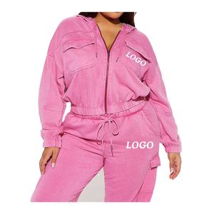 Conjunto de chándal de felpa francesa de algodón para mujer desgastado con lavado ácido Vintage de alta calidad Sudadera con capucha y pantalones de chándal personalizados con parte superior - Product Image 5