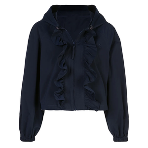 Chaqueta Cortavientos Impermeable Azul Marino con Volantes para Ceremonia de Apertura, con Capucha, de Nailon, Cremallera Frontal, Puños Elásticos, Tallas Grandes - Product Image 1