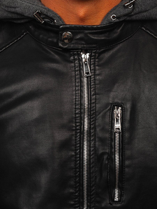 Men's Black PU <b>Leather</b> Hooded Moto <b>Jacket</b> with Zipper Closure and Side Pockets Autumn Windproof Style - Product Image 6