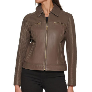 Blouson moto matelassé en cuir véritable pour femme, manches longues, col rabattable, fermeture éclair, vêtement d'extérieur automne et saisonnier - Product Image 1