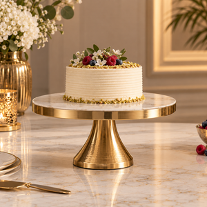 Support à gâteau de luxe en métal doré avec plateau rond en marbre blanc pour la présentation de desserts de mariage - Product Image 1