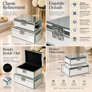 Silver <b>Mirrored</b> Glass <b>Jewelry</b> <b>Storage</b> Box Set with Geometric Metal Clasp Beveled Edges Soft Velvet Lining Decorative Organizer - Product Image 6