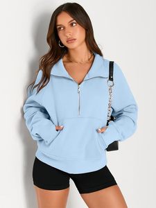 Sweat-shirt à col zippé pour femme, coupe oversize, en polaire bleu ciel clair, avec col demi-zippé, poche kangourou et manches longues - Product Image 6