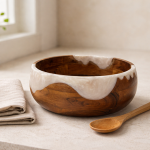 Bol à salade rond artisanal en bois d'acacia avec résine époxy beige-blanc, marron naturel, pour service, fête et décoration intérieure - Product Image 3