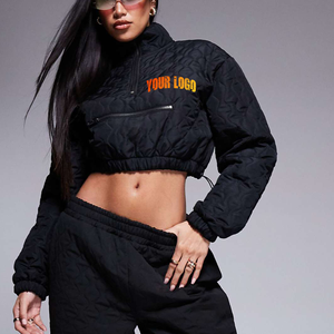 <b>Top</b> Trending Women's <b>Black</b> Quilted <b>Crop</b> Jacket Set Full <b>Sleeve</b> Stand Collar Streetwear Loose Fit Solid Color Autumn Sportswear - Product Image 5