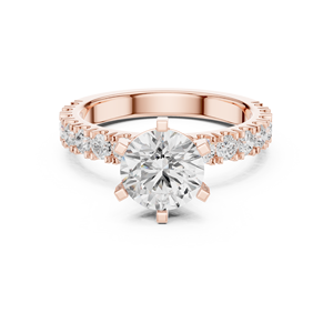 Bague de fiançailles et de mariage pour femme en or rose, solitaire rond brillant avec bande pavée de diamants - Product Image 2
